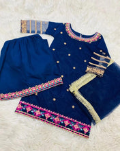 Load image into Gallery viewer, 3pc Navy kids chiffon Embroidered Ghrara Shalwar Kameez with Net dupatta Suit Ready to wear JF-NAVY
