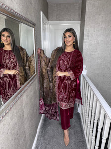 3pc MAROON VELVET Embroidered Shalwar Kameez with NET/Velvet dupatta Stitched Suit Ready to wear HW-DT114