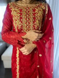 3pc RED Embroidered Shalwar Kameez with CHIFFON dupatta Stitched Suit Ready to wear HW-ANRED
