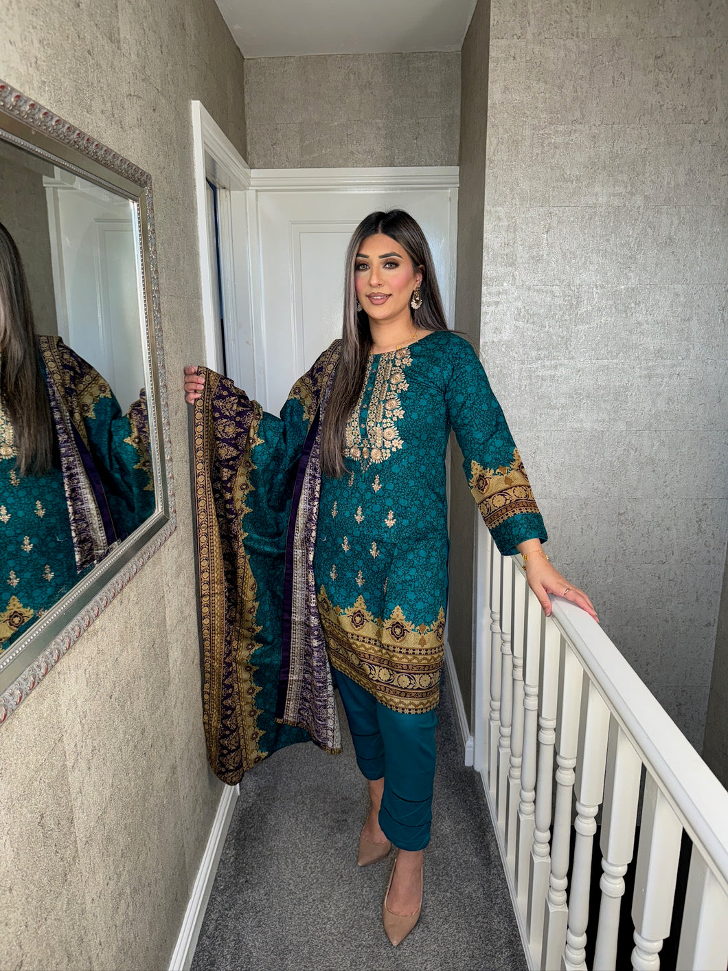 3PC Stitched TEAL shalwar Suit Ready to wear KHADDAR winter Wear with KHADDAR dupatta KNE-0305