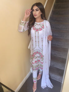 3pc WHITE Embroidered Shalwar Kameez with CHIFFON Embroidered Dupatta Stitched Suit Ready to wear FP-55002