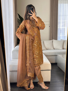 3pc NUDE Embroidered  Chiffon Shalwar Kameez with Net dupatta Stitched Suit Ready to wear HW-DT83D