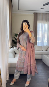 3pc GREY MAUVE Embroidered Shalwar Kameez with CHIFFON dupatta Stitched Suit Ready to wear HW-U2284