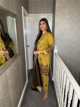 Load image into Gallery viewer, 3PC Stitched YELLOW OLIVE shalwar Suit Ready to wear KHADDAR winter Wear with KHADDAR dupatta KNE-0309
