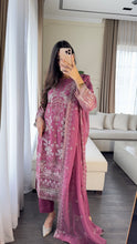 Load image into Gallery viewer, 3pc Deep Mauve Embroidered Shalwar Kameez with CHIFFON dupatta Stitched Suit Ready to wear HW-U2355

