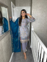 Load image into Gallery viewer, 3pc GREY Embroidered Shalwar Kameez with TEAL Chiffon dupatta Stitched Suit Ready to wear HW-UQ1959
