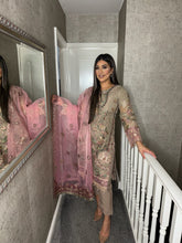 Load image into Gallery viewer, 3pc LIGHT BROWN Embroidered suit with PINK NET dupatta Stitched Suit Ready to wear HW-24004
