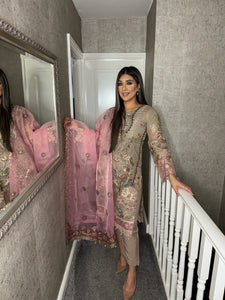 3pc LIGHT BROWN Embroidered suit with PINK NET dupatta Stitched Suit Ready to wear HW-24004