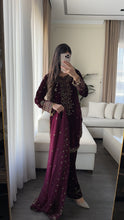 Load image into Gallery viewer, 3pc Burgundy VELVET Embroidered Shalwar Kameez with NET/Velvet dupatta Stitched Suit Ready to wear HW-UBURGUNDY
