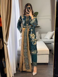 3pc BOTTLE GREEN Embroidered Shalwar Kameez wit CHIFFON  dupatta Stitched Suit Ready to wear HW-U2313