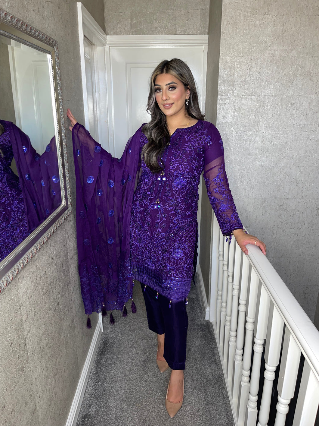 3pc PURPLE Embroidered Shalwar Kameez with Chiffon dupatta Stitched Suit Ready to wear GC-PURPLE