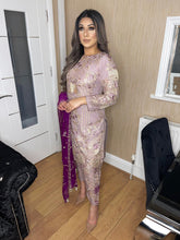 Load image into Gallery viewer, 3pc Pastel Purple Embroidered Shalwar Kameez with Chiffon dupatta Stitched Suit Ready to wear HW-JFPASTEL01
