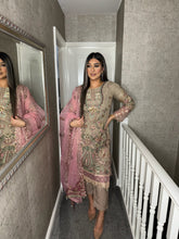 Load image into Gallery viewer, 3pc LIGHT BROWN Embroidered suit with PINK NET dupatta Stitched Suit Ready to wear HW-24004
