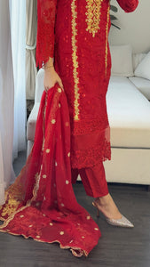 3pc RED Embroidered Shalwar Kameez with CHIFFON dupatta Stitched Suit Ready to wear HW-ANRED