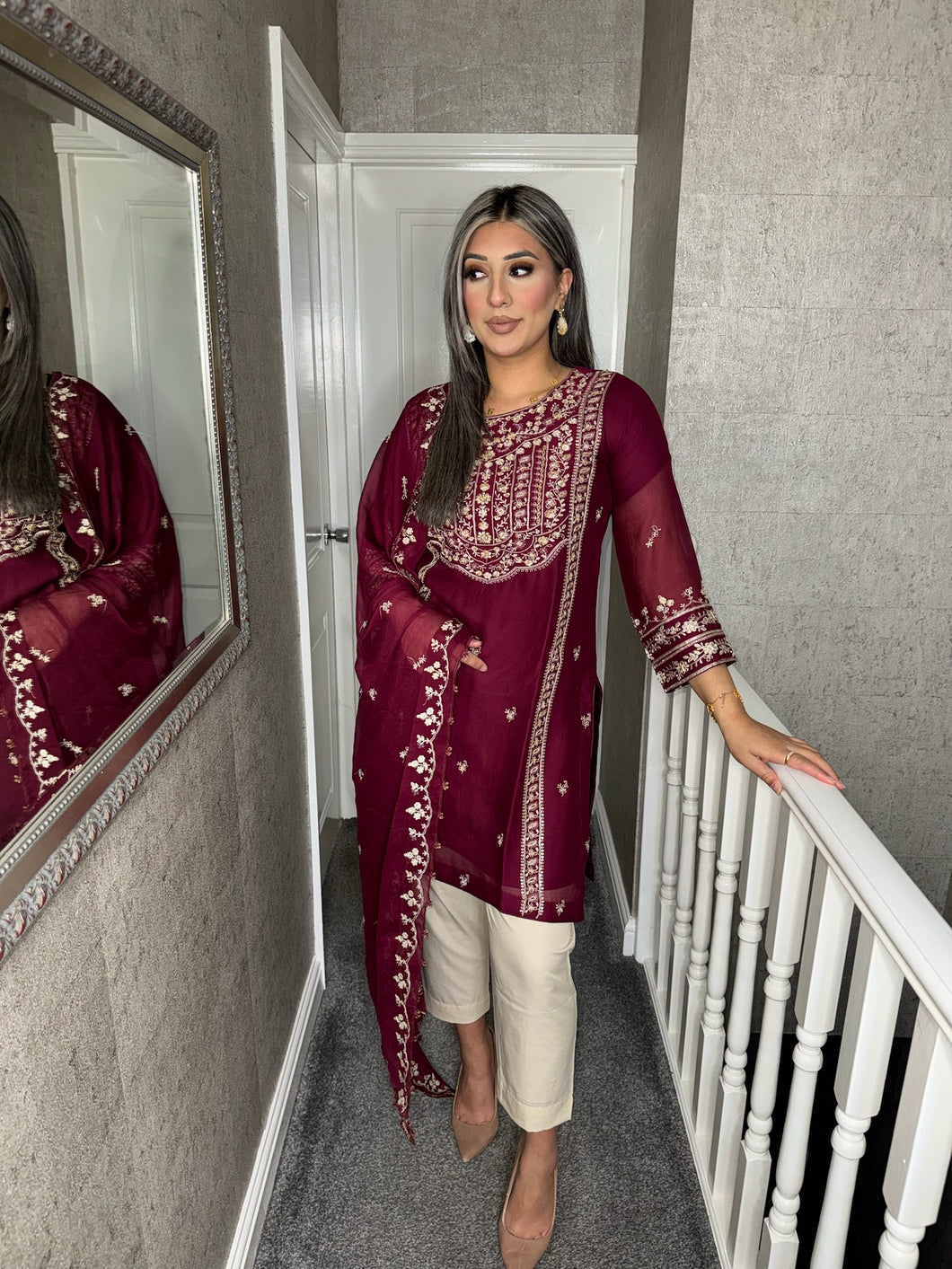 3pc Maroon Embroidered Shalwar Kameez wit Nethdupatta Stitched Suit Ready to wear AN-24003