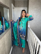 Load image into Gallery viewer, 3PC Stitched FEROZI BLUE shalwar Suit Ready to wear KHADDAR winter Wear with KHADDAR dupatta KNE-0104
