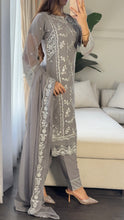 Load image into Gallery viewer, 3pc GREY Embroidered Shalwar Kameez with CHIFFON dupatta Stitched Suit Ready to wear HW-U2423
