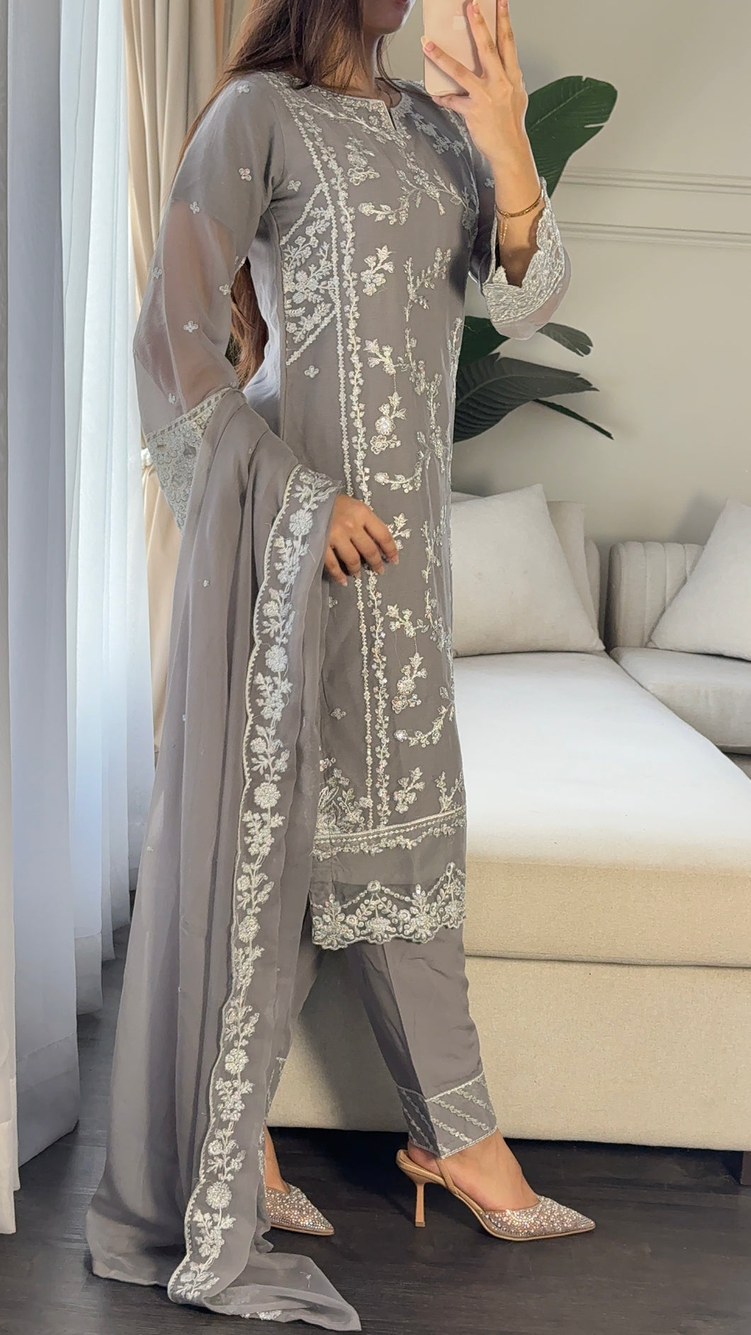 3pc GREY Embroidered Shalwar Kameez with CHIFFON dupatta Stitched Suit Ready to wear HW-U2423