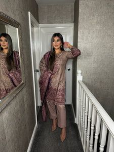 3PC Stitched MAUVE shalwar Suit Ready to wear DHANAK winter Wear with Dhanak dupatta DNE-0308