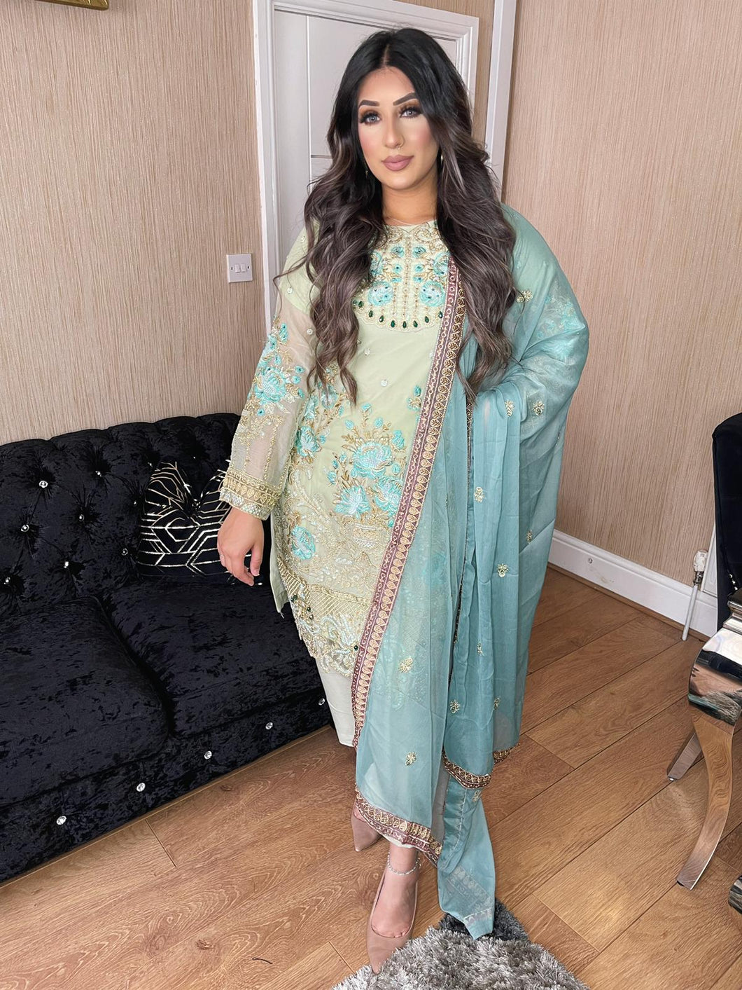3pc LIGHTGREEN Embroidered Shalwar Kameez with Chiffon dupatta Stitched Suit Ready to wear KHA-LIGHTGREEN