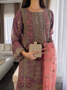 3pc PURPLE Embroidered Shalwar Kameez wit Net dupatta Stitched Suit Ready to wear HW-DT81