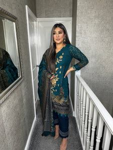 3PC Stitched TEAL GREEN shalwar Suit Ready to wear DHANAK winter Wear with Dhanak dupatta DNE-0313