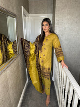 Load image into Gallery viewer, 3PC Stitched YELLOW OLIVE shalwar Suit Ready to wear KHADDAR winter Wear with KHADDAR dupatta KNE-0309
