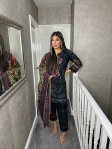 3PC Stitched BLACK shalwar Suit Ready to wear DHANAK winter Wear with Dhanak dupatta MBD-005