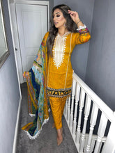 Load image into Gallery viewer, 3 pcs MUSTARD Lilen shalwar Suit Ready to Wear with chiffon dupatta winter MB-1011A
