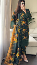 Load image into Gallery viewer, 3PC Stitched BOTTLE GREEN LINEN shalwar Suit Ready to wear LINEN winter Wear with LINEN dupatta HW-DH36
