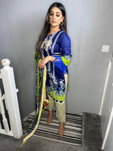 Load image into Gallery viewer, 3 pcs Stitched BLUE BEIGE lawn suit Ready to Wear with chiffon dupatta JF-BLUEBEIGE01
