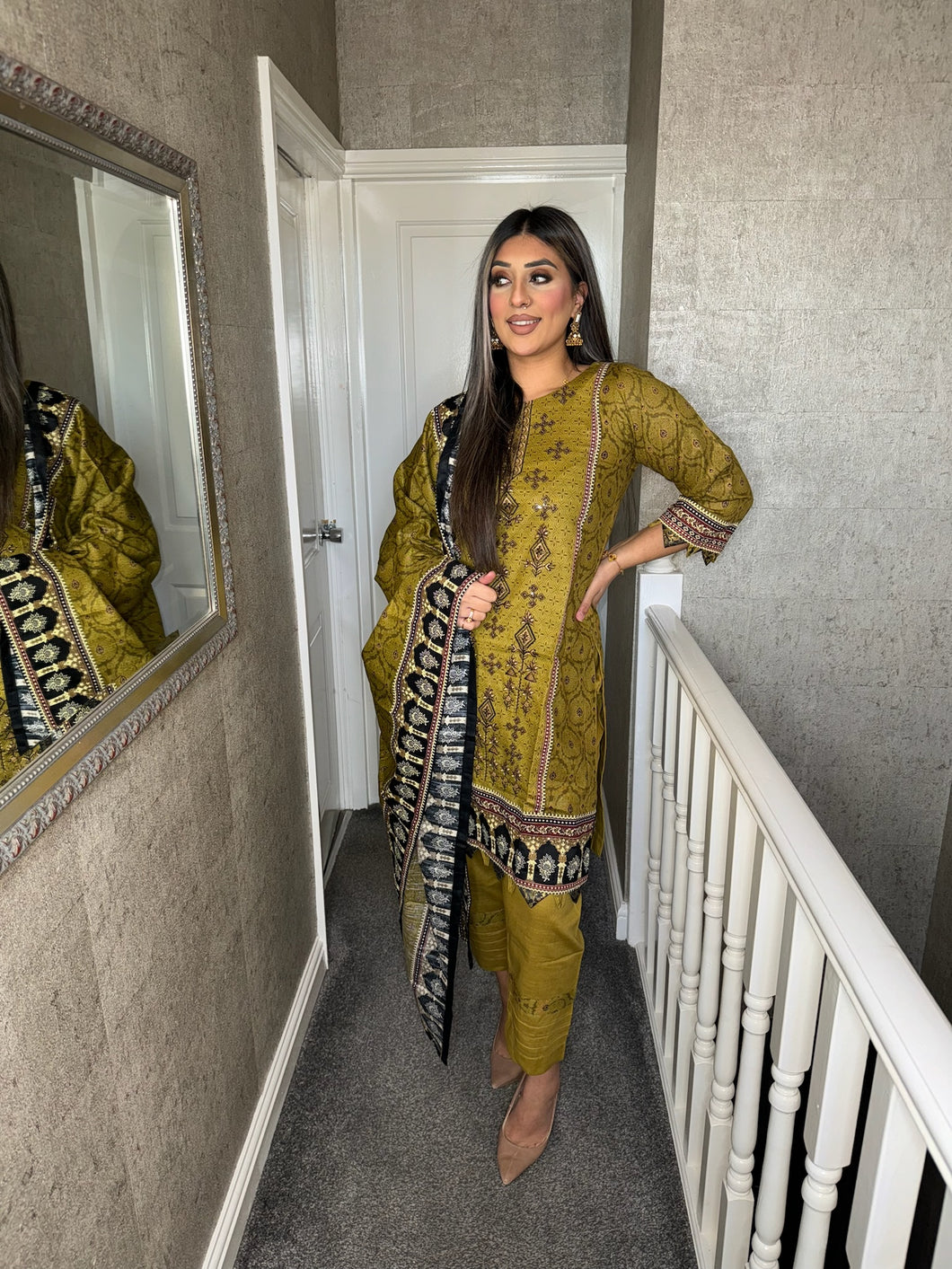 3PC Stitched OLIVE shalwar Suit Ready to wear KHADDAR winter Wear with KHADDAR dupatta KNE-0307