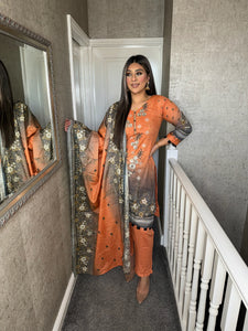 3PC Stitched Orange shalwar Suit Ready to wear KHADDAR winter Wear with KHADDAR dupatta KNE-0316A