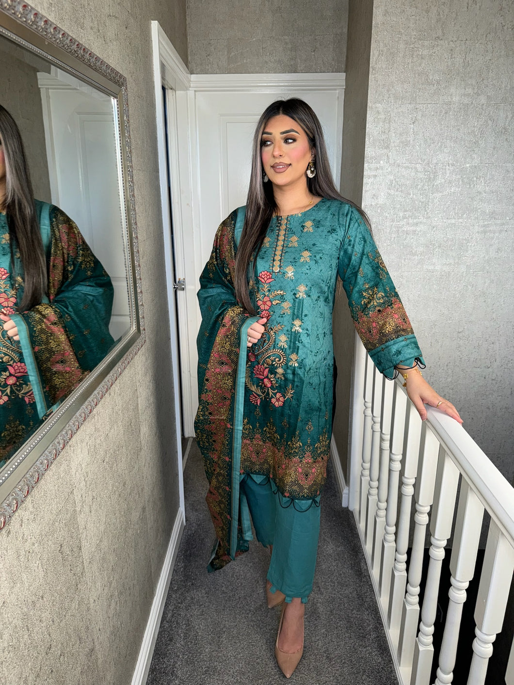 3PC Stitched Sea Blue shalwar Suit Ready to wear KHADDAR winter Wear with KHADDAR dupatta KNE-0315B