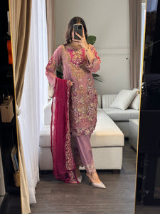 3pc Pastel Purple Embroidered Shalwar Kameez with Chiffon dupatta Stitched Suit Ready to wear HW-DT93