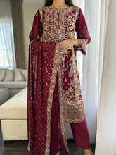 Load image into Gallery viewer, 3pc MAROON Embroidered Shalwar Kameez wit CHIFFON  dupatta Stitched Suit Ready to wear HW-U2292
