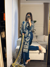 Load image into Gallery viewer, 3pc BLUE Embroidered Shalwar Kameez wit Chiffon dupatta Stitched Suit Ready to wear HW-U2253
