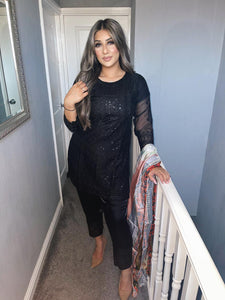 3pc Embroidered BLACK with Printed chiffon Dupatta Shalwar Kameez Stitched Suit Ready to wear AN-BJZ09