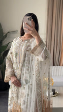 Load image into Gallery viewer, 3pc WHITE Embroidered Shalwar Kameez with Plazoo and Net dupatta Stitched Suit Ready to wear HW-U2420B
