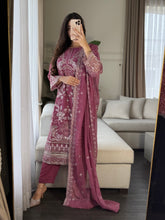 Load image into Gallery viewer, 3pc Deep Mauve Embroidered Shalwar Kameez with CHIFFON dupatta Stitched Suit Ready to wear HW-U2355
