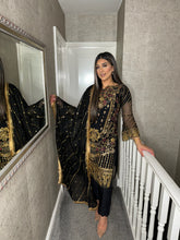 Load image into Gallery viewer, 3pc BLACK Embroidered suit with Chiffon dupatta Stitched Suit Ready to wear HW-24001
