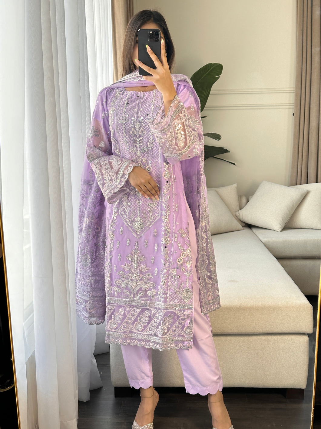 3pc LILAC Embroidered Shalwar Kameez wit Net dupatta Stitched Suit Ready to wear HW-U2190