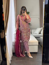 Load image into Gallery viewer, 3pc Pastel Purple Embroidered Shalwar Kameez with Chiffon dupatta Stitched Suit Ready to wear HW-DT93
