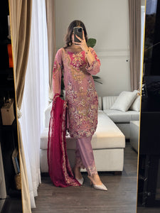 3pc Pastel Purple Embroidered Shalwar Kameez with Chiffon dupatta Stitched Suit Ready to wear HW-DT93