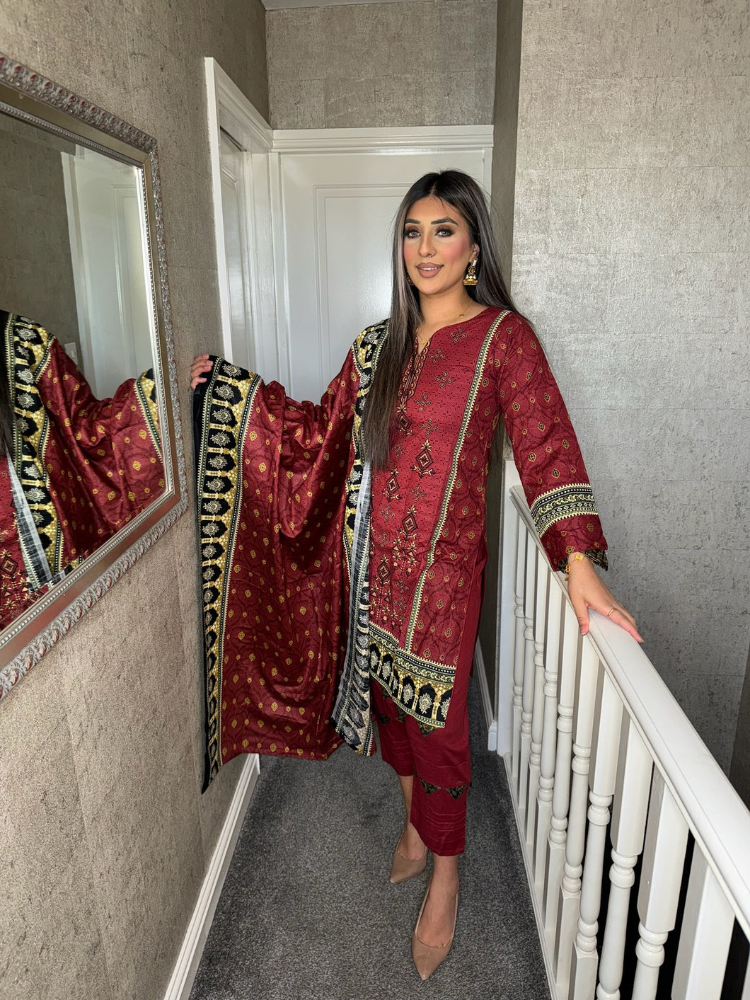 3PC Stitched Maroon shalwar Suit Ready to wear KHADDAR winter Wear with KHADDAR dupatta KNE-0308