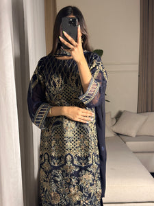 3pc Midnight Blue Embroidered Shalwar Kameez with CHIFFON dupatta Stitched Suit Ready to wear HW-U2276