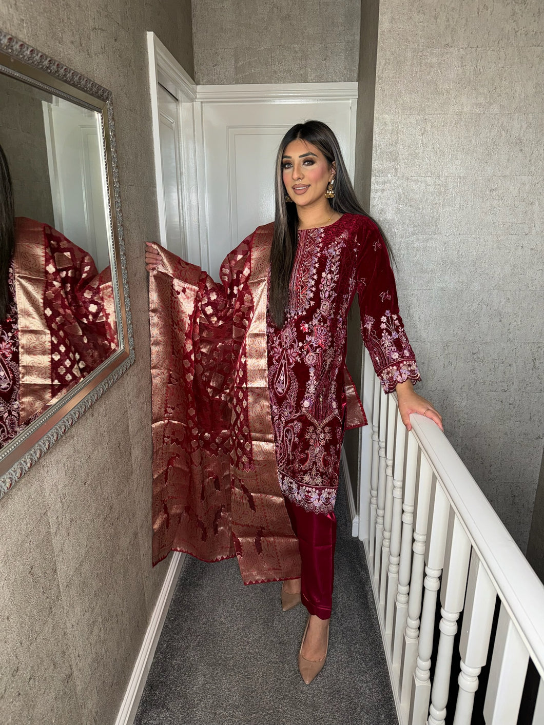 3pc MAROON VELVET Embroidered Shalwar Kameez with NET/Velvet dupatta Stitched Suit Ready to wear HW-DT117A