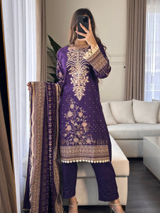 3 pcs Stitched Purple lawn suit Ready to Wear with chiffon dupatta LNE-24015