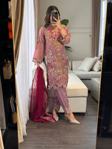 3pc Pastel Purple Embroidered Shalwar Kameez with Chiffon dupatta Stitched Suit Ready to wear HW-DT93