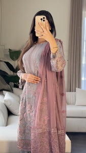 3pc GREY MAUVE Embroidered Shalwar Kameez with CHIFFON dupatta Stitched Suit Ready to wear HW-U2284